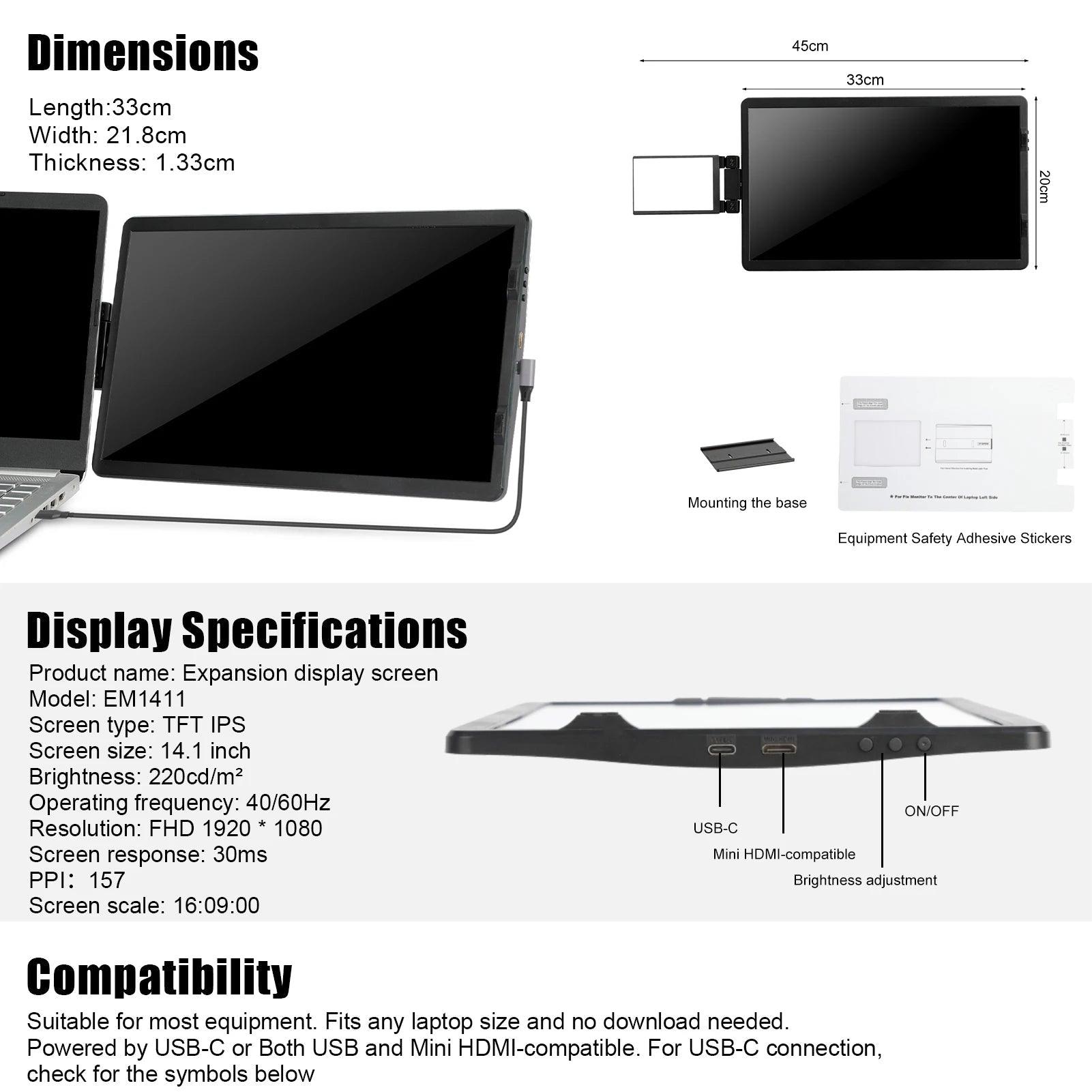 12 Inch Laptop Dual Monitor 1920*1080 HD IPS LCD Dual Monitor Screen Extender Laptops For Macbook Huawei - MANDOTOS