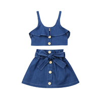 Denim two-piece set with ruffle top and bow skirt, button front, kids fashion outfit