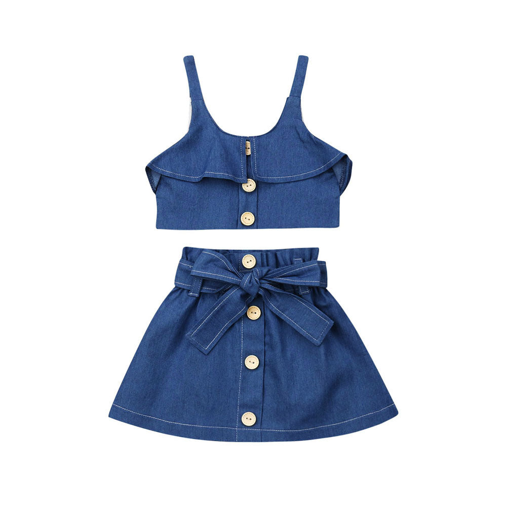 Denim two-piece set with ruffle top and bow skirt, button front, kids fashion outfit