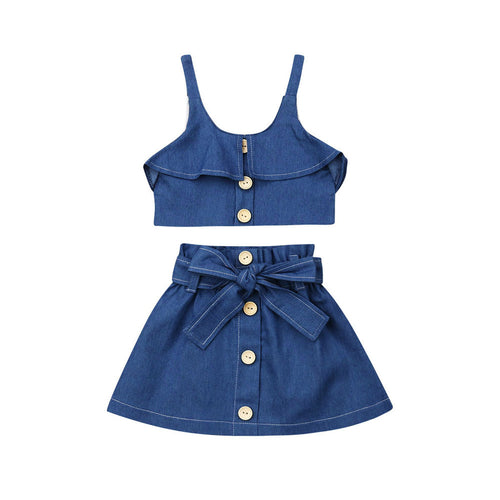 Denim two-piece set with ruffle top and bow skirt, button front, kids fashion outfit