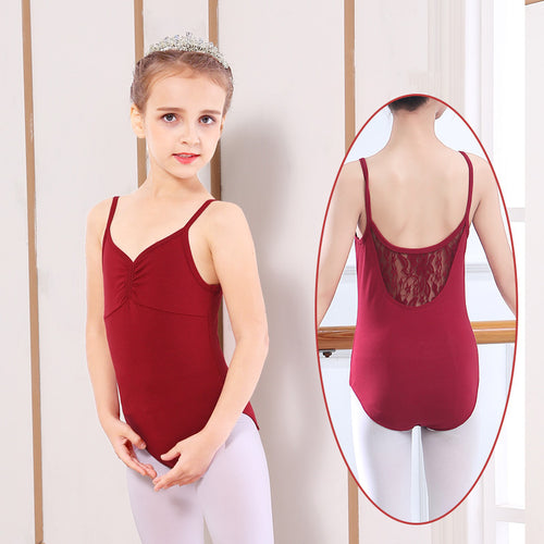 Girl in burgundy ballet leotard with lace back, white tights, tiara — dancewear for kids