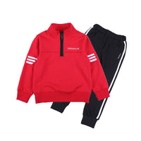 Red kids quarter-zip sweatshirt with white stripes and black track pants, casual sportswear set