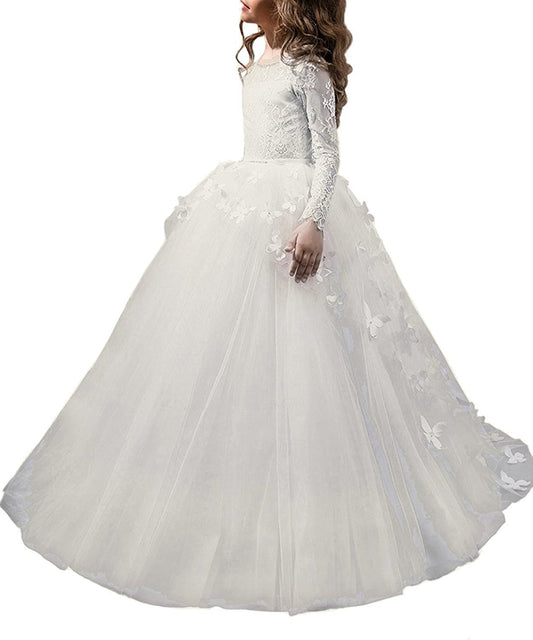Elegant white flower girl dress with lace sleeves and tulle skirt, perfect for weddings and special occasions.