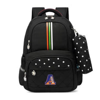 Black school backpack with rainbow stripe, star pattern, and letter A patch, ideal for students and travel