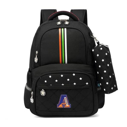 Black school backpack with rainbow stripe, star pattern, and letter A patch, ideal for students and travel