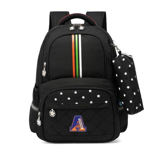 Black school backpack with rainbow stripe, star pattern, and letter A patch, ideal for students and travel