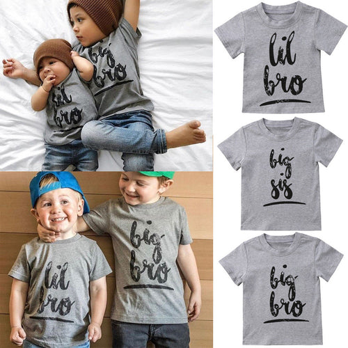 Matching sibling shirts: 'lil bro', 'big bro', 'big sis' — cute kids fashion sets for brothers and sisters