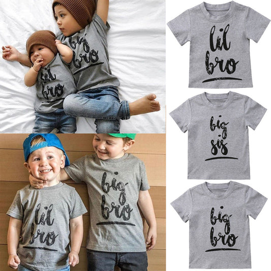 Matching sibling shirts: 'lil bro', 'big bro', 'big sis' — cute kids fashion sets for brothers and sisters