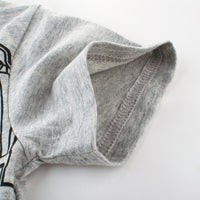 Gray kids t-shirt with yellow graphic print, soft cotton fabric, stylish short sleeve design