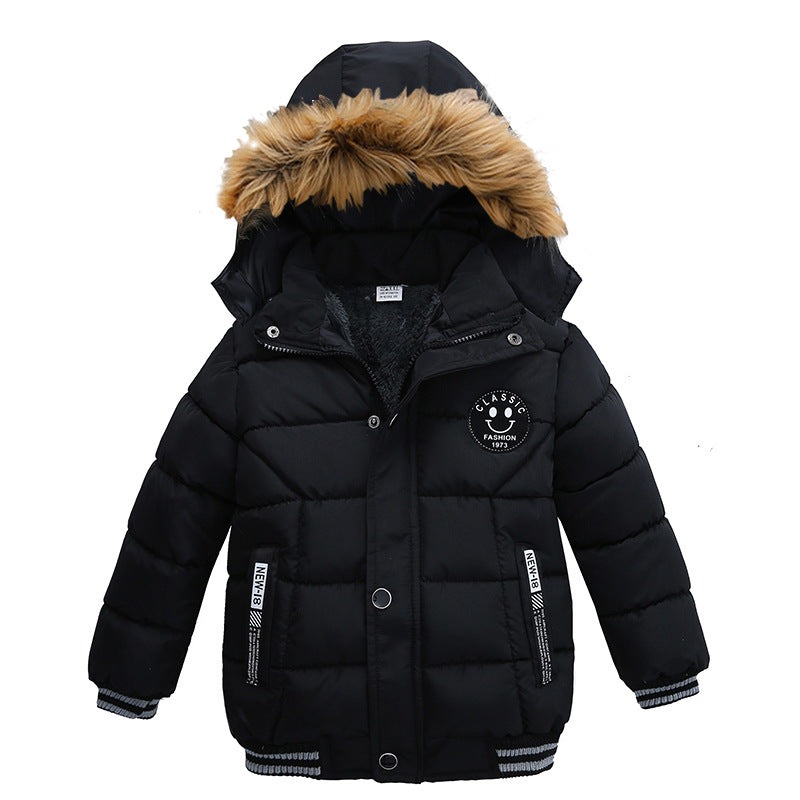 Black kids puffer jacket with faux fur hood, smiley patch, and side pockets for winter fashion