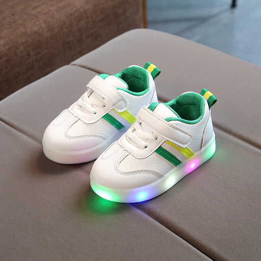 White kids LED light-up sneakers with green and yellow stripes, perfect for playful fashion
