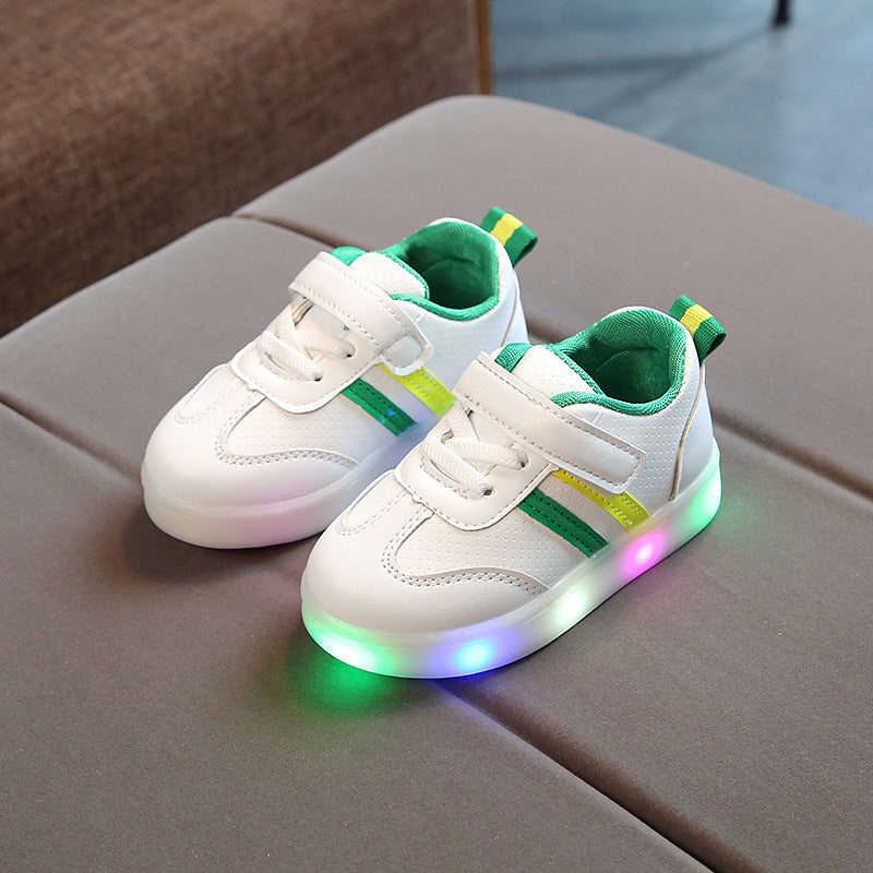 White kids LED light-up sneakers with green and yellow stripes, perfect for playful fashion