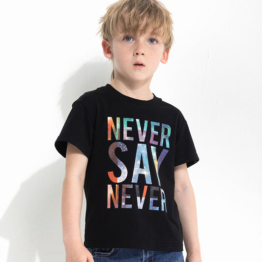 Kids black graphic tee with 'NEVER SAY NEVER' rainbow galaxy print, casual fashion for boys