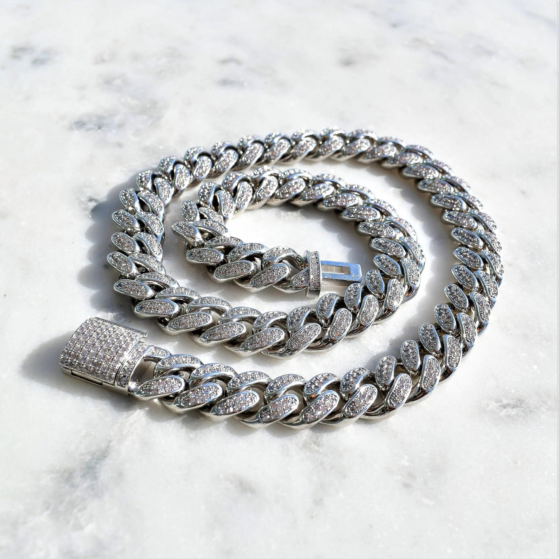 12mm White Gold Diamond Cuban Link Bracelet - MANDOTOS
