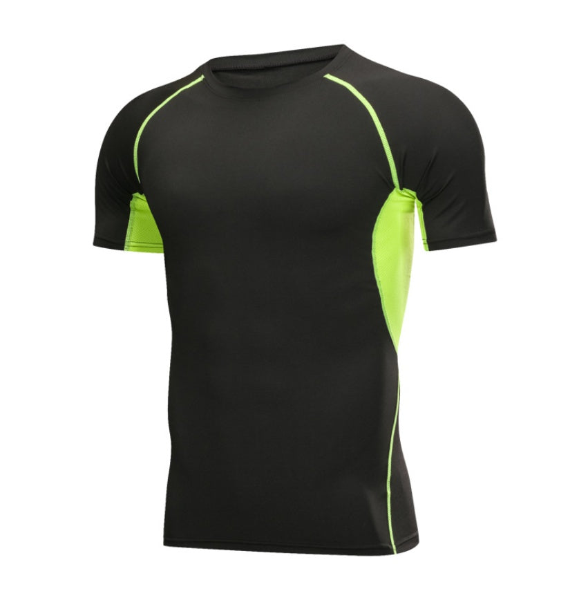 Black and neon green athletic compression shirt for gym and fitness training