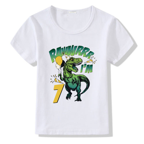 White kids' T-shirt with green dinosaur graphic saying 'RAWWRRR I'M 7', perfect for birthday gifts