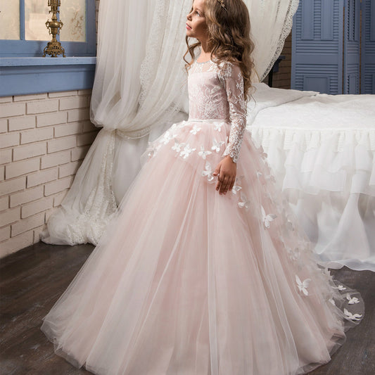 Pink lace flower girl dress with tulle skirt and butterfly appliqués for special occasions