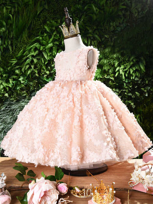 Pink floral lace toddler dress with crown, perfect for birthday parties and special occasions