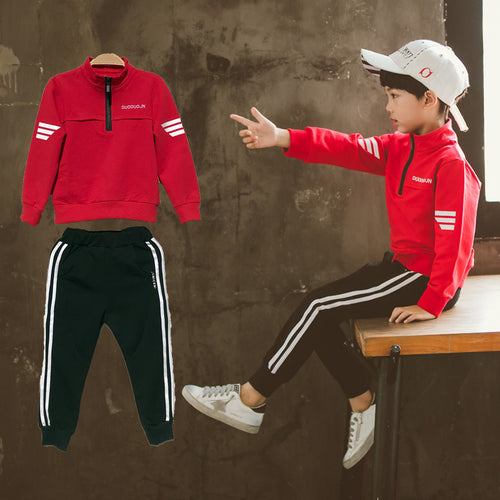 Boy in red half-zip sweatshirt & black stripe joggers, kids sportswear set