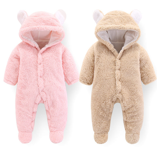 Pink and beige fluffy baby onesies with bear ear hoods, cozy winter sleepwear for infants