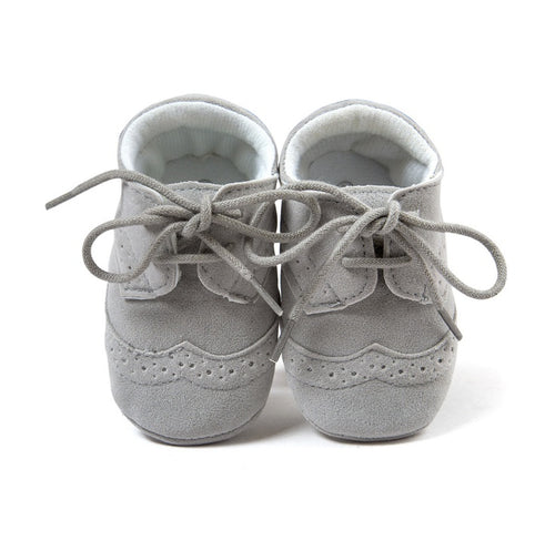Gray suede baby shoes with laces, soft soles for infants, stylish first walkers