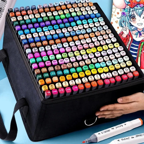 Colorful dual-tip art markers in black carrying case, ideal for drawing and illustration projects