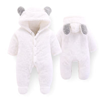 White fluffy baby snowsuit with gray bear ears, front and back view