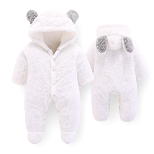 White fluffy baby snowsuit with gray bear ears, front and back view