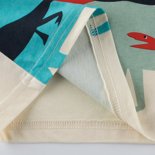 Colorful kids' t-shirt with shark and crab print, soft cotton fabric, detailed stitching