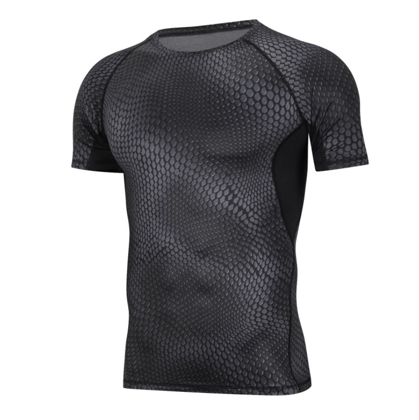 Black snake skin pattern compression shirt for gym and fitness wear