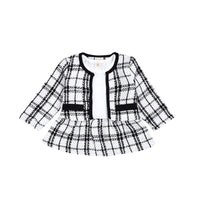 Black and white plaid tweed jacket with peplum hem, stylish kids fashion outfit