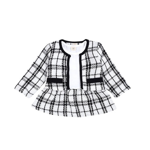 Black and white plaid tweed jacket with peplum hem, stylish kids fashion outfit