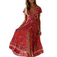 Red floral wrap dress with short sleeves and side slit, stylish summer fashion