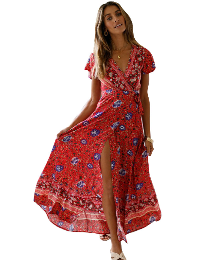 Red floral wrap dress with short sleeves and side slit, stylish summer fashion