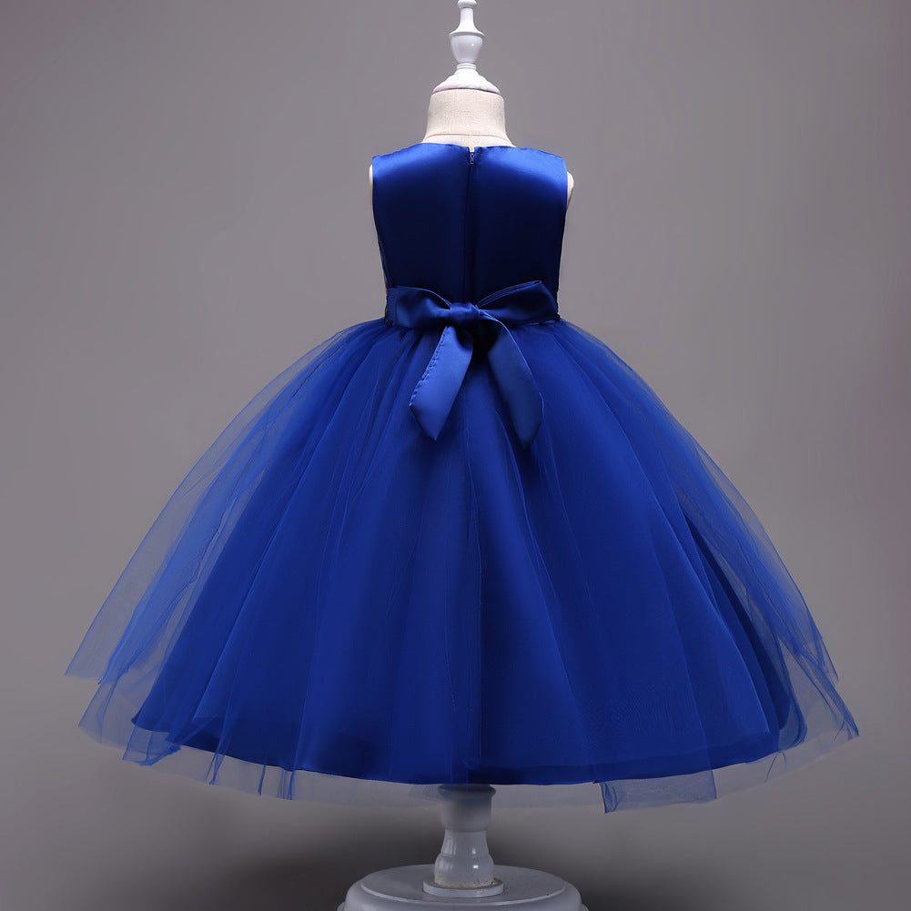 Royal blue tulle flower girl dress with satin bow, perfect for weddings and parties