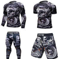 Dragon print compression shirts and shorts for men, athletic wear with bold Asian-inspired design