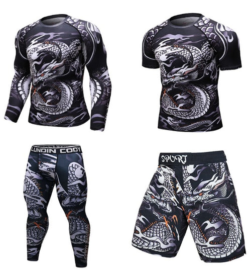 Dragon print compression shirts and shorts for men, athletic wear with bold Asian-inspired design