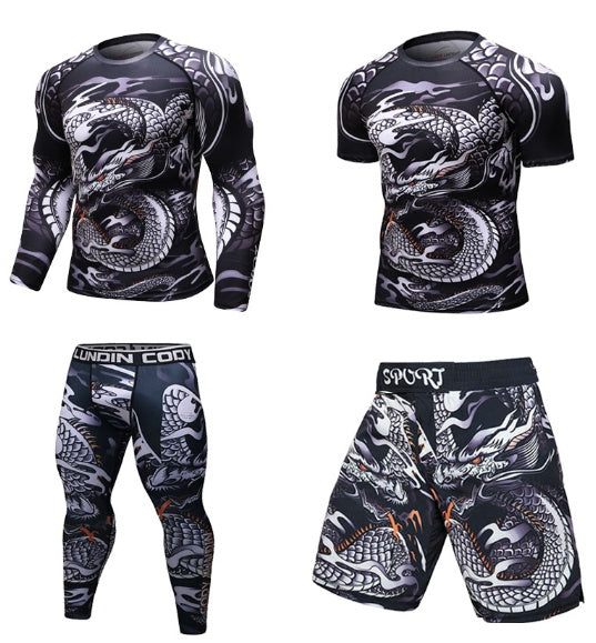 Dragon print compression shirts and shorts for men, athletic wear with bold Asian-inspired design