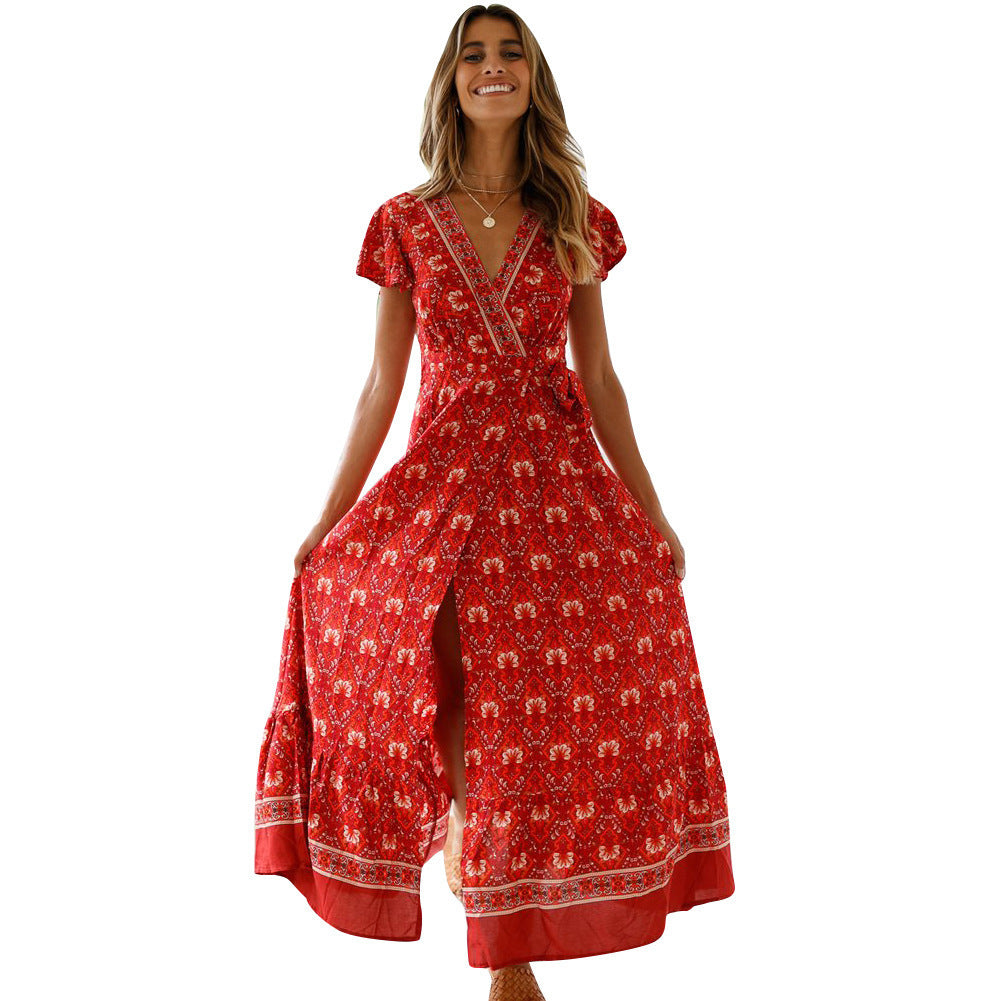 Red floral maxi dress with V-neck, short sleeves, and side slit for women's summer fashion