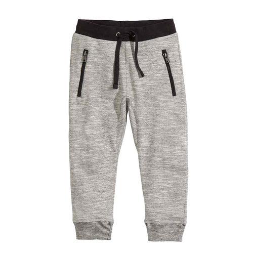 Gray heather jogger pants with black drawstring waist and side zip pockets, casual kids fashion