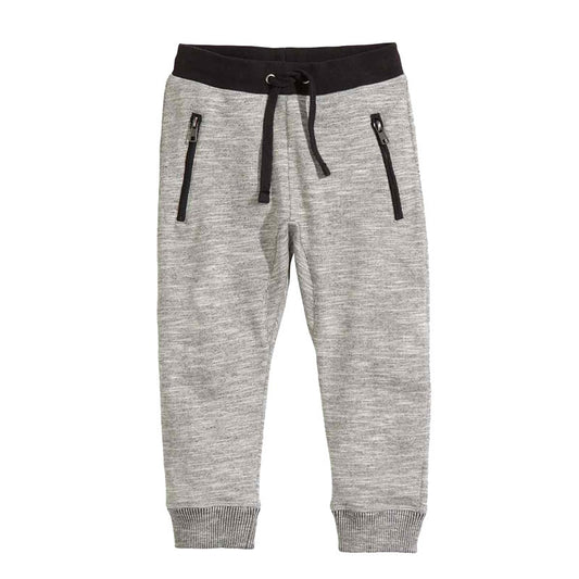 Gray heather jogger pants with black drawstring waist and side zip pockets, casual kids fashion