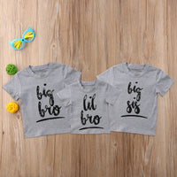 Gray kids' matching sibling T-shirts: big bro, lil bro, big sis — perfect for family photos