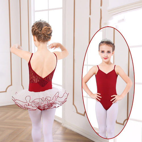 Girl in red lace ballet leotard with white tutu, ballet outfit for dance practice or performance