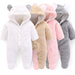 Fluffy baby onesies with bear ears in white, beige, pink, gray – cozy winter infant sleepers