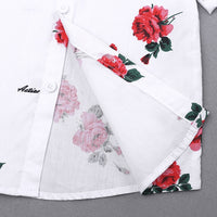 White floral shirt with red and pink roses, button front, lightweight fabric