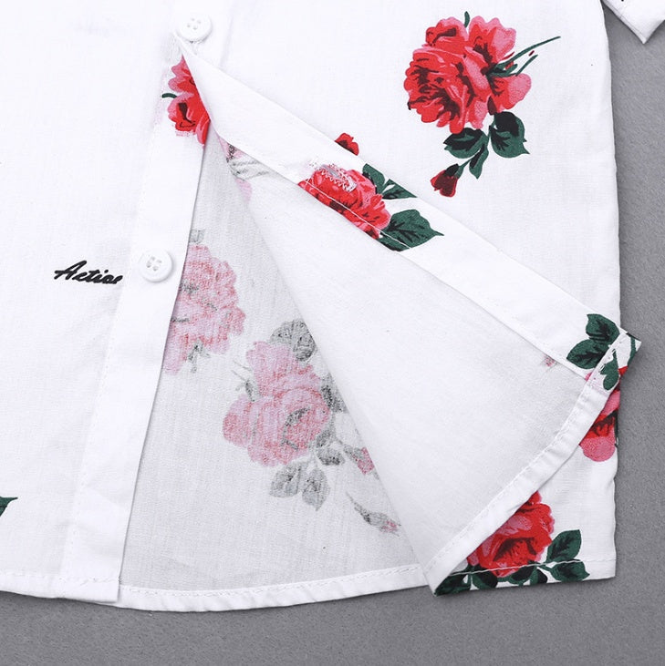 White floral shirt with red and pink roses, button front, lightweight fabric