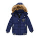 Navy blue kids winter coat with faux fur hood, puffer design, and smiley patch for warmth and style