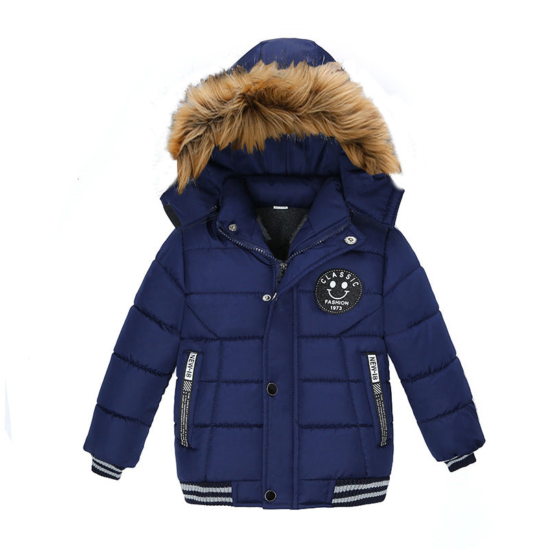 Navy blue kids winter coat with faux fur hood, puffer design, and smiley patch for warmth and style