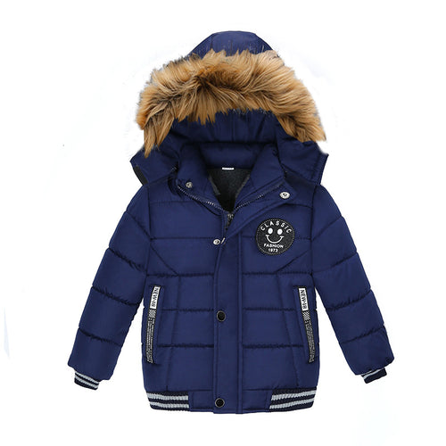 Navy blue kids winter coat with faux fur hood, puffer design, and smiley patch for warmth and style