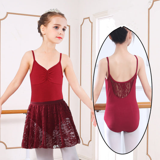 Girl in red ballet leotard with lace skirt and back detail, perfect for dance practice or performance
